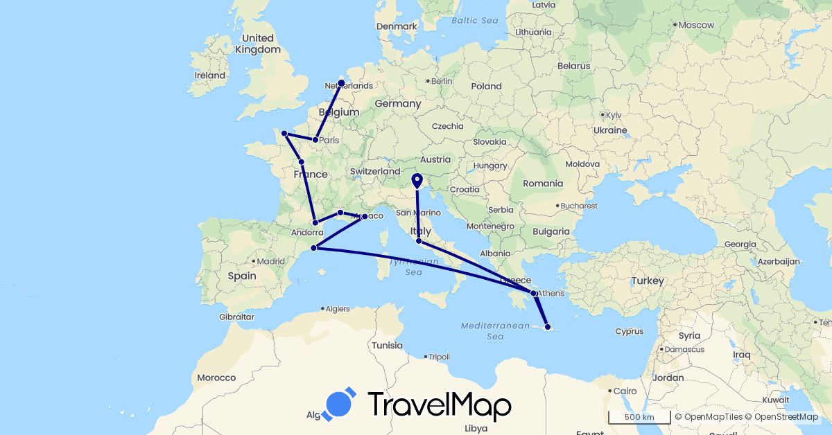 TravelMap itinerary: driving in Spain, France, Greece, Italy, Netherlands (Europe)